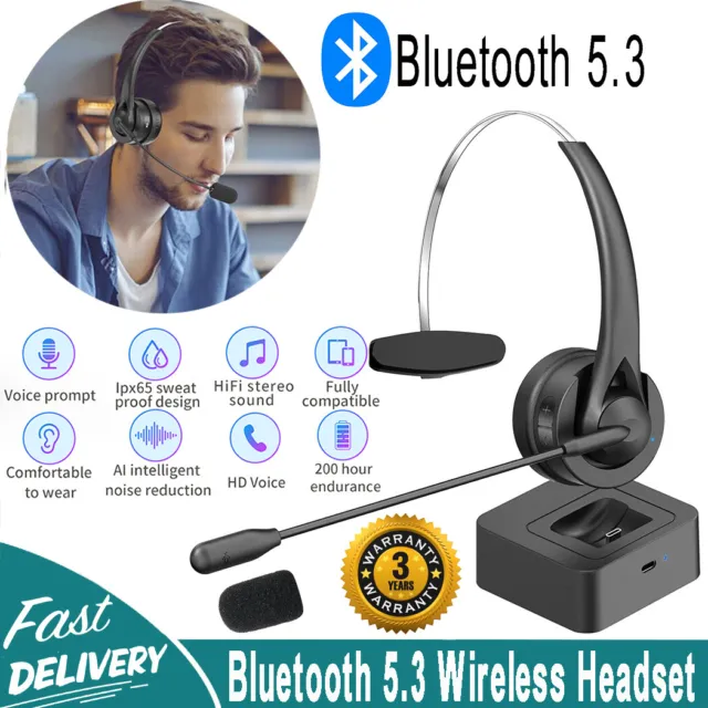Trucker Bluetooth 5.3 Wireless Headset With Noise Cancelling Mic For Phones PC