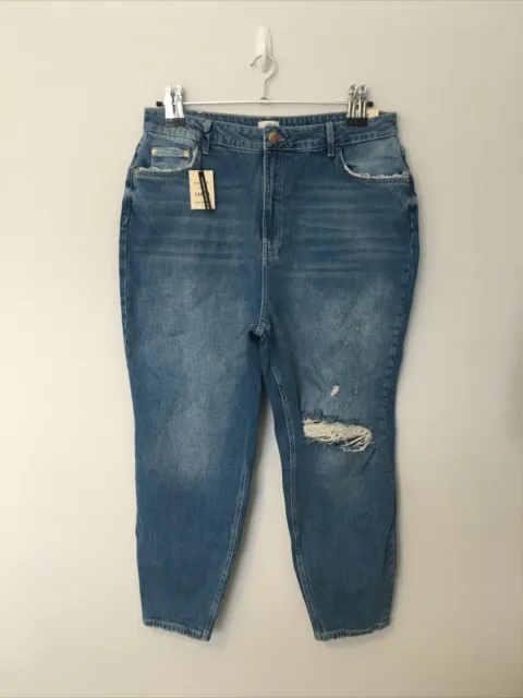 RIVER ISLAND Carrie High Rise Mom Jeans Mid Blue UK 18 BNWT Ripped
