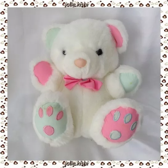 Doudou Peluche Ours Blanc Assis Rose Et Vert Noeud JLS