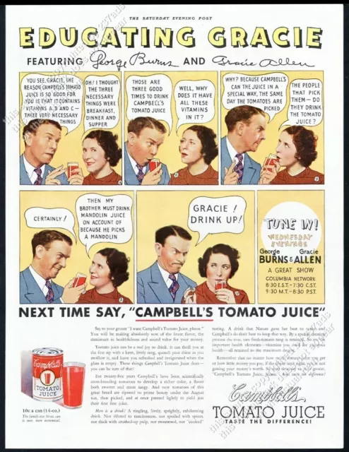 1936 George Burns Gracie Allen photo Campbell's tomato juice vintage print ad