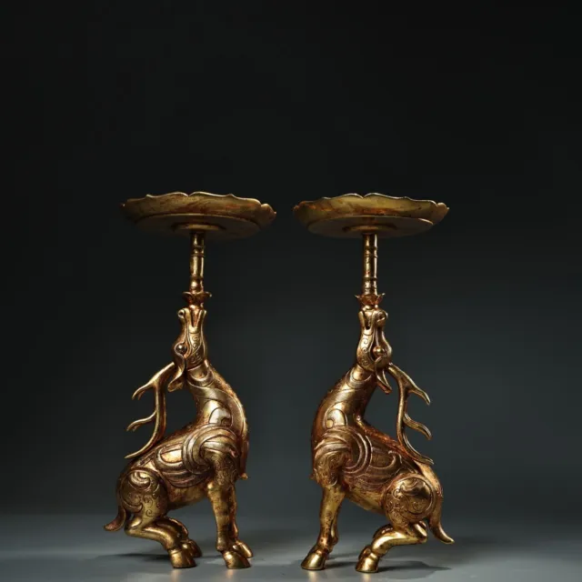 A pair of handmade pure copper relief gilded candlesticks for collection