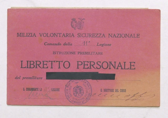 MILIZIA VOLONTARIA SICUREZZA Nazionale Libretto personale Corso
