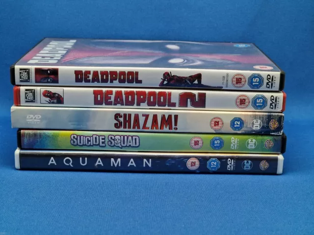 5x Marvel & DC Superhero DVD Bundle Deadpool 1&2, Aquaman, Suicide Squad, Shazam