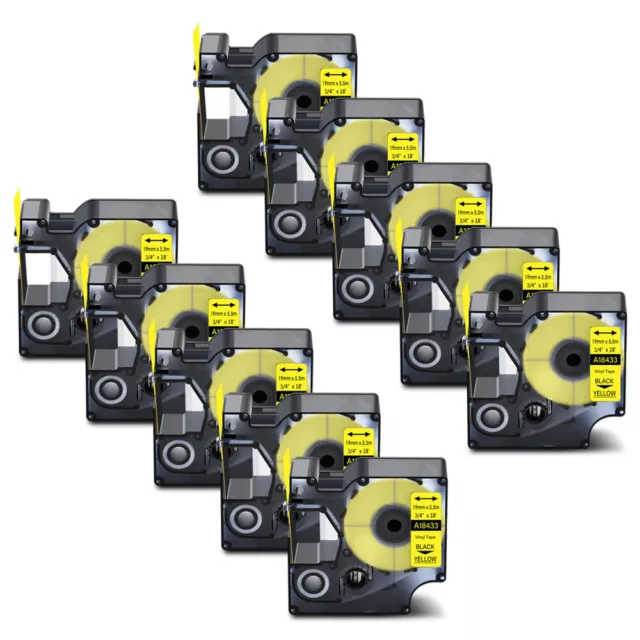 10PK 19mm Black on Yellow Indutrial Vinyl Tape Label 18433 for Dymo Rhino 3/4"