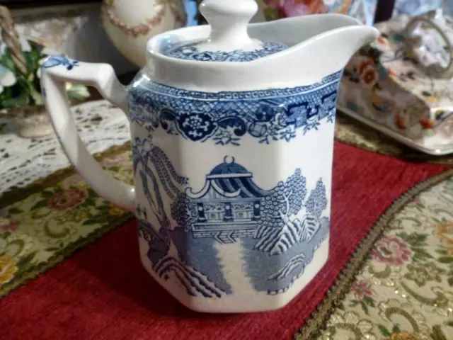 Antique Blue Willow English Staffordshire Pitcher Bow Knot Mark c.1920 3
