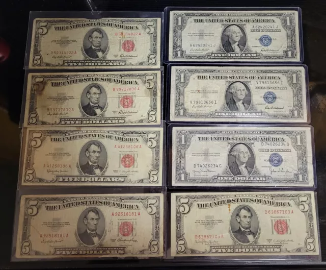 Paper Currency Lot - $5 Red Seal Notes and $1 Silver Certificates
