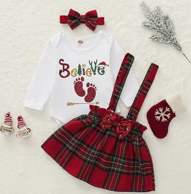 3pcs Toddler Baby Christmas Romper Sling Tartan Check Plaid Skirt Dress Outfits