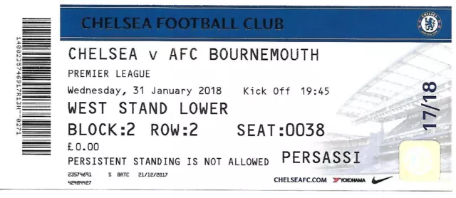 CHELSEA v BOURNEMOUTH  31st JANUARY 2018. (CHELSEA MATCH DAY TICKET).