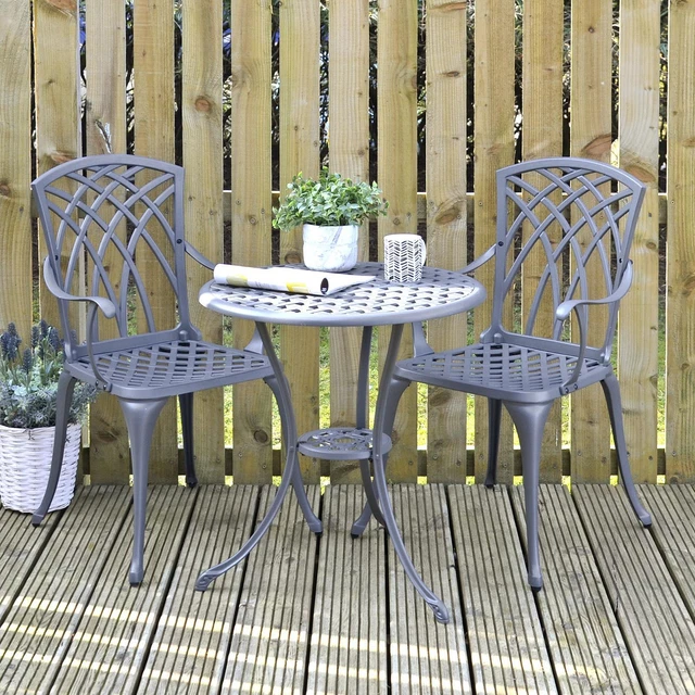 GARDEN BISTRO SET Grey Metal Art Nouveau Cast Aluminium Table Chairs