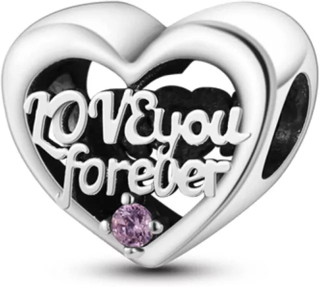 Genuine Sterling Silver 925 I Love you Forever Charm Pink Crystal Love Heart