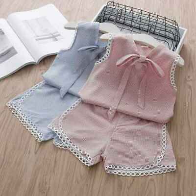 Tops + Shorts Pants Set Summer Bow Vest Clothes T-shirt Kids Girls Check Outfits