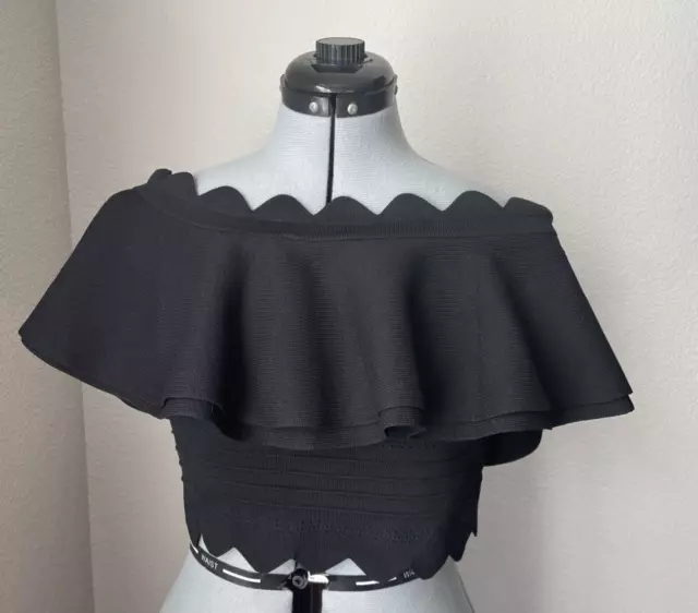 English Factory Womens Black Off Shoulder Cropped Goth Ruffle Top