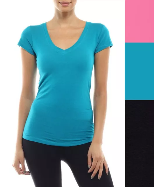 Womens Basic V-NECK SHORT SLEEVE Cotton T-Shirt Top Stretch Solid Layering Plain