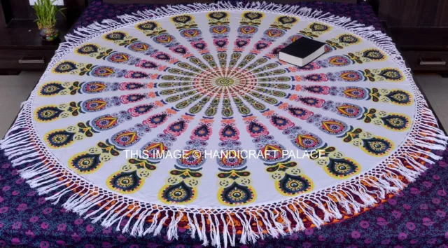 Mandala Print White Tapestry Roundie Bohemian Cotton Mat White Tassel Lace 72"