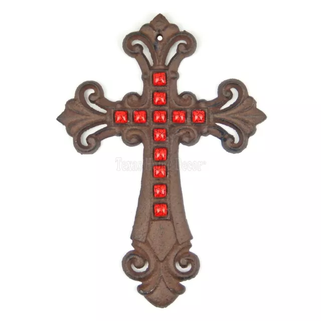 Red Faux Stones Fleur De Lis Wall Cross Cast Iron Rustic Finish Victorian Decor