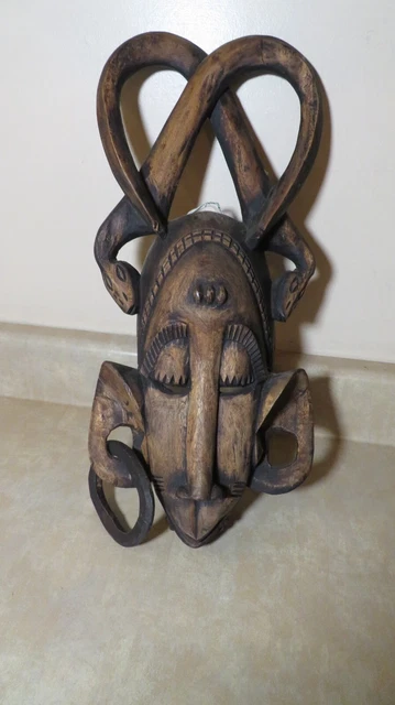 Vintage African Tribal Hand Carved Wooden Mask with Snakes