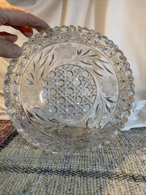 Vintage Heavy Cut Glass Flower Pattern Bowl w/Sawtooth Edge 8"