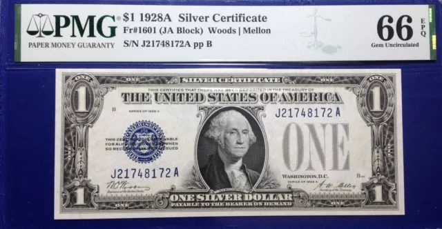 1928A $1 Silver Certificate Fr-1601 PMG66 Gem EPQ