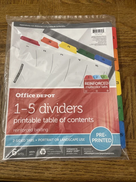 OFFICE DEPOT 1-5 Dividers W/ Printable Table Of Contents 6 Sets £14.63 ...