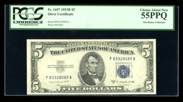 DBR 1953-B $5 Silver Fr. 1657 FA Block PCGS 55 PPQ Serial F83328085A