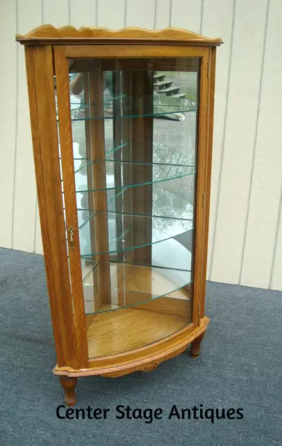 61985  Antique Victorian Oak Bow Glass Corner Curio Cabinet