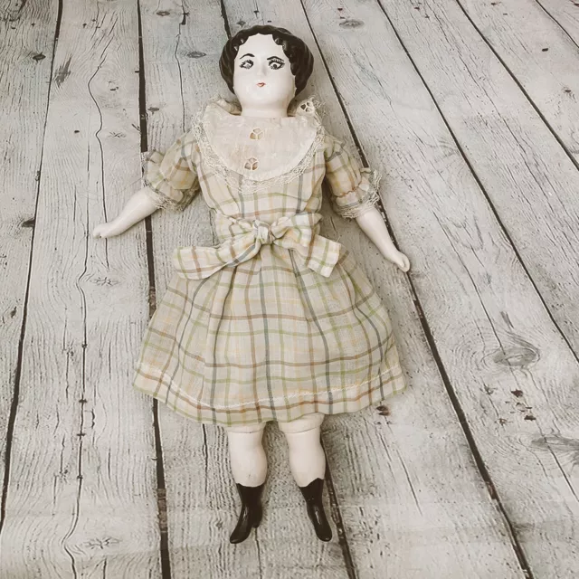 18” Reproduction Porcelain Bisque CHINA Head Arms Leg DOLL Vtg Cloth Body Outfit