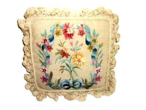 French Aubusson Style Needlepoint Feather Pillow Flowers Bow Vintage Fringed