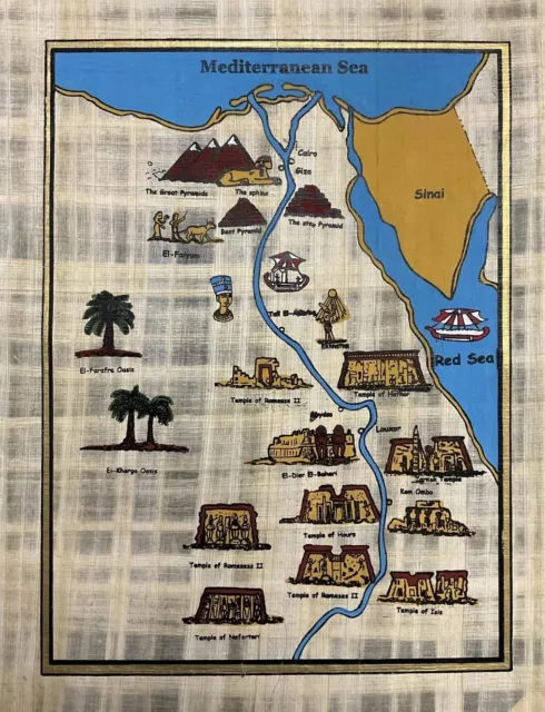 Rare-hand painted ancient Egyptian papyrus-Treasures of the Nile Map-12x16”