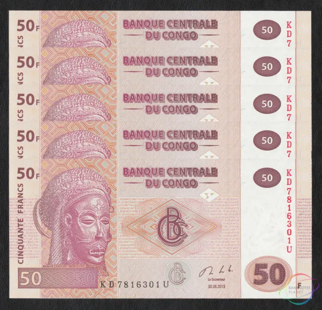 CONGO D.R. 50 Francs X 5 PCS 2013 P-97 1/20 Bundle UNC Uncirculated