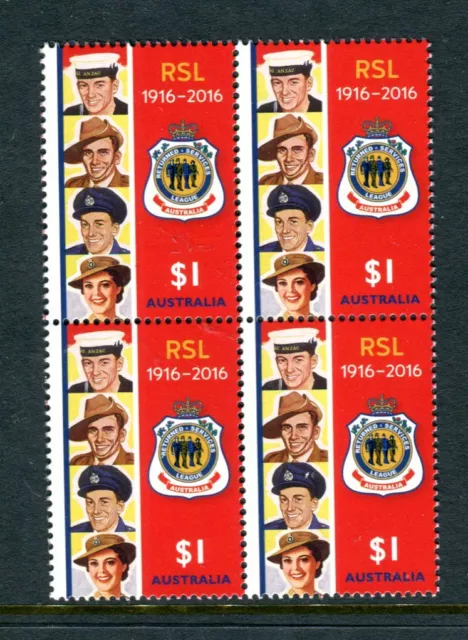 2016 Centenary of RSL (Returned Services League) MUH Block of 4 x $1 Stamps