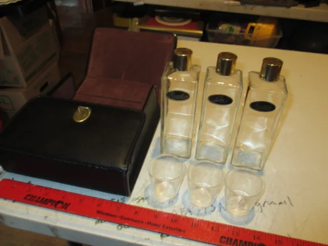 Vintage Travel Liquor Set With Scotch Gin Bourbon Decanter's, Black Leather Case