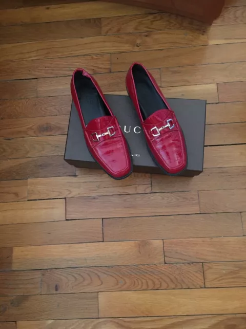 Gucci Red Patent Leather Woman's  Horsebit Loafer Size 37 with box pre-owned