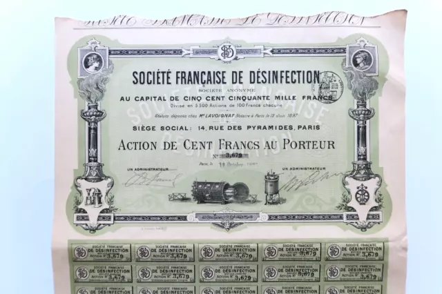 Societe Francaise De Desinfection Action De 100 Francs Paris 1907 + Coupons