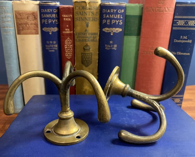 Pair Vintage Salvage Brass Triple Arm Swivel Overhead Wardrobe Cupboard Hooks
