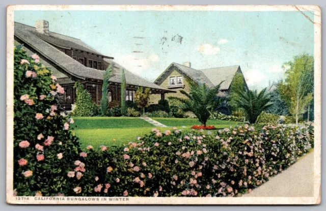 California Bungalow Winter Street View Flower Floral Bush Cancel 1920 Postcard