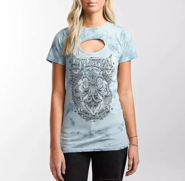 Affliction Women's CORRODED Short Sleeve Scoop Peekaboo Neck T-Shirt SMALL NWT