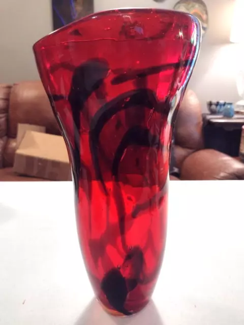 Large Hand Blown Red Vase with Black & Yellow Art Glass 13 Inches tall