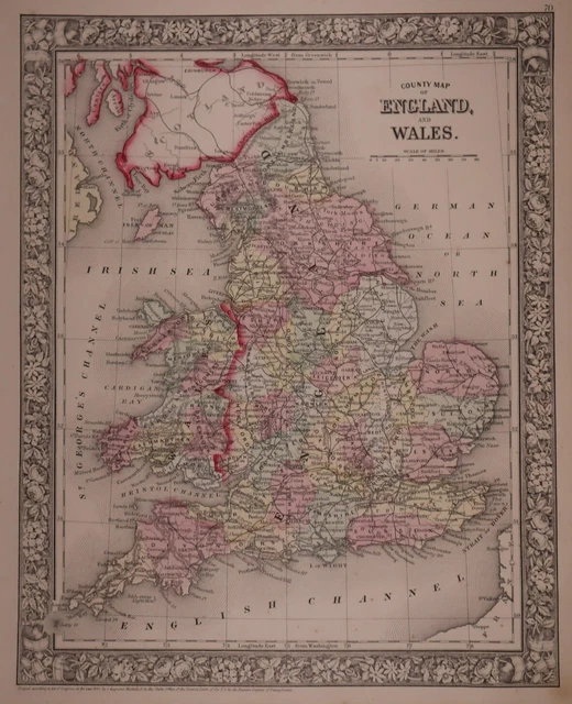 Authentic 1866 Mitchell's Atlas Map ~ ENGLAND -WALES  ~ FreeS&H