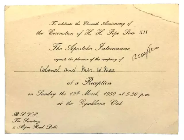 Vintage Invitation Card Pope Pius XII Eleventh Coronation Anniversary India 1950
