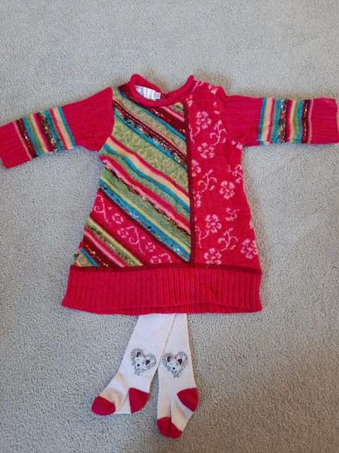 Clayeyx Baby Girl Knitted Wool Dress Age 12M & Puppy Tights Mamas & Papas