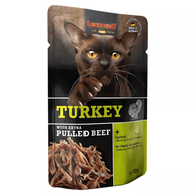 Leonardo Turkey + Extra Pulled Boeuf 70 G, Nourriture pour Chat, Neuf