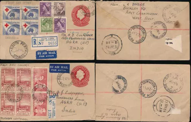 AUSTRALIA POSTAL STATIONERY AIRMAIL REGISTERED 1954 FDCs to AGRA INDIA...2 ITEMS