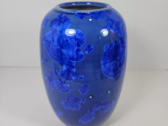 Crystalline Art Pottery 6.5” Vase Cobalt Blue Artist Signed Ceramic