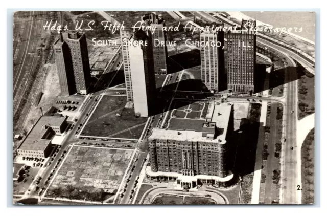 Postcard US 5th Army & Apartment Skyscrapers, South Shore Chicago IL RPPC L50 *2