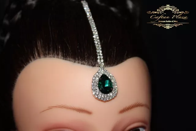 Tikka Tiara Diadem Stirnschmuck Haarschmuck Bindi Strass Bollywood Silber / Grün