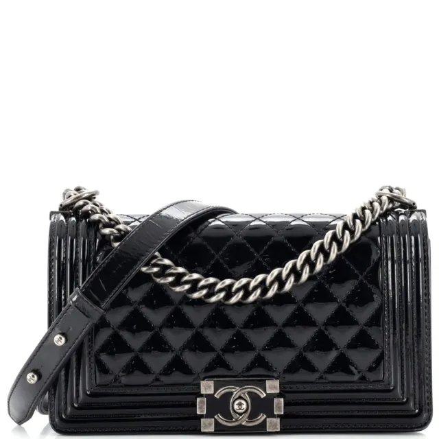 CHANEL BOY FLAP Bag Quilted Patent Old Medium Black $3,641.00
