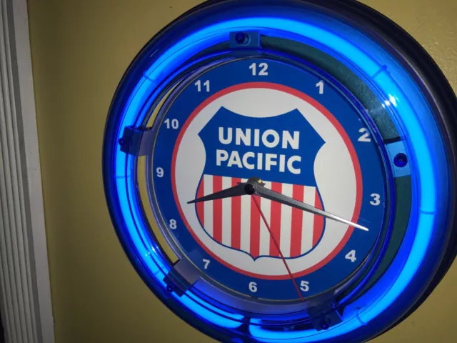 Union Pacific Railroad train Station Bar Advertising Neon Wall Clock Sign