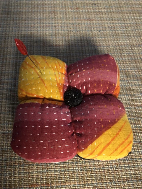 handmade pincushion vintage kantha quilt reversible 4.5” square vintage buttons