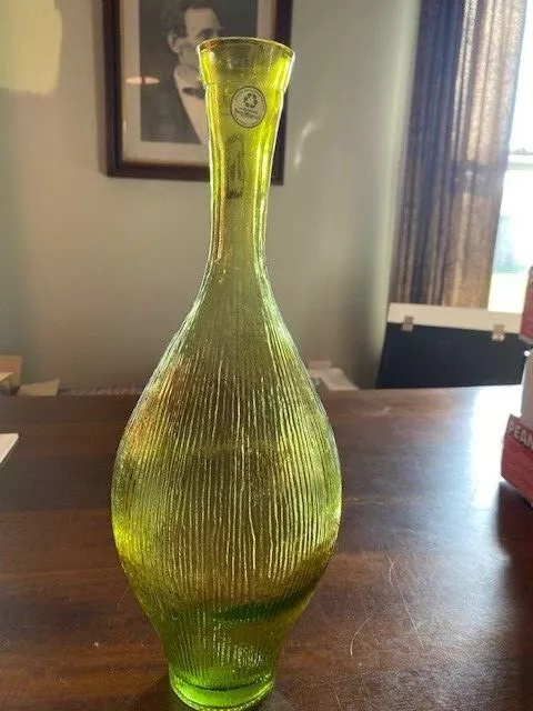 Vidrios San Miguel Ribbed Art Glass Bottle Vase Green Recycled Glass Spain MCM