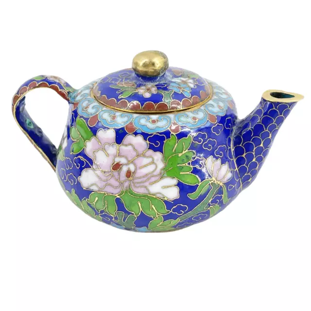 Vintage Cloisonne Miniature Japanese Teapot Brass Cobalt Enamel Lotus Flower